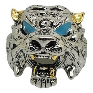 Hunt Ring Silver Blue Enamel Gold Embellished Beast Head Ring Size Adjustable
